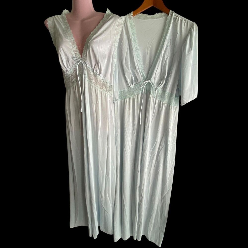 Vintage Shadowline Nightgown Robe Set Womens Large Blue Nylon Lace Maxi 70s